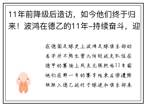 11年前降级后造访，如今他们终于归来！波鸿在德乙的11年-持续奋斗，迎接重生