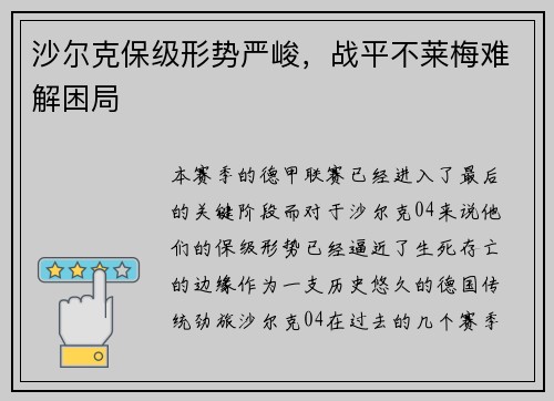 沙尔克保级形势严峻，战平不莱梅难解困局