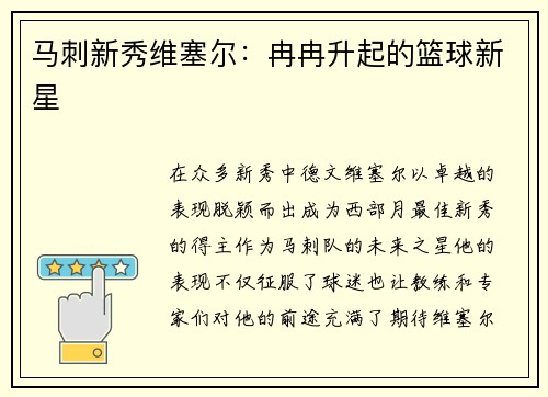 马刺新秀维塞尔：冉冉升起的篮球新星