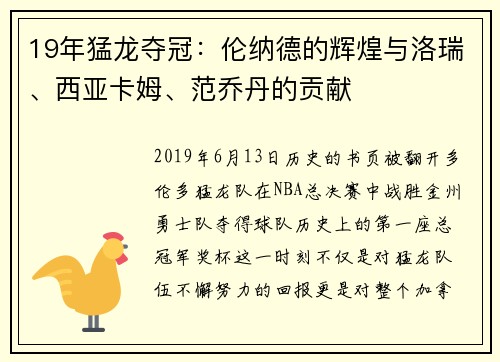 19年猛龙夺冠：伦纳德的辉煌与洛瑞、西亚卡姆、范乔丹的贡献