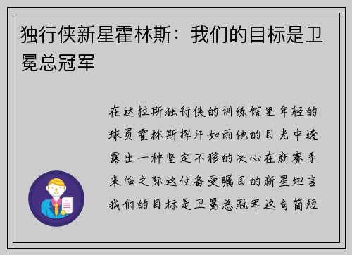 独行侠新星霍林斯：我们的目标是卫冕总冠军