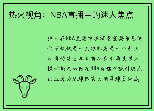 热火视角：NBA直播中的迷人焦点